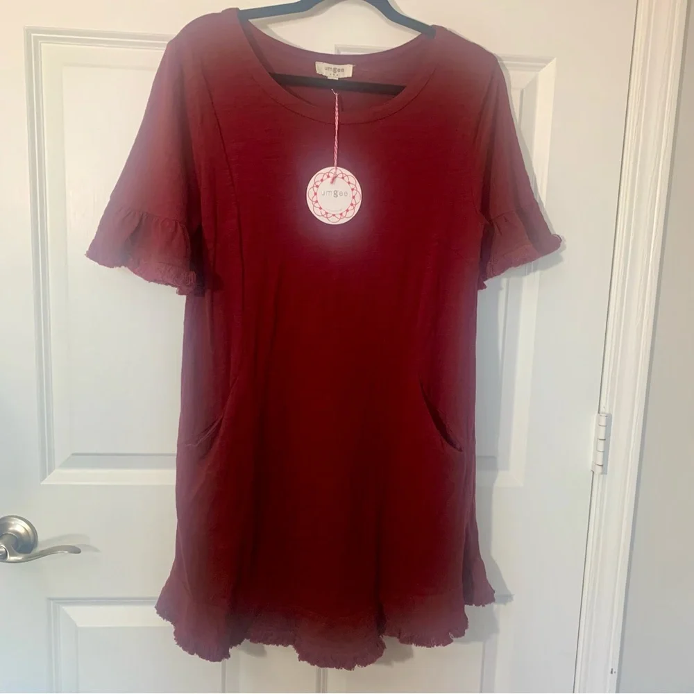 NWT Umgee Burgundy Cotton Swing Dress Raw Hem Ruffle Sleeve Pockets M Medium - Picture 3 of 8
